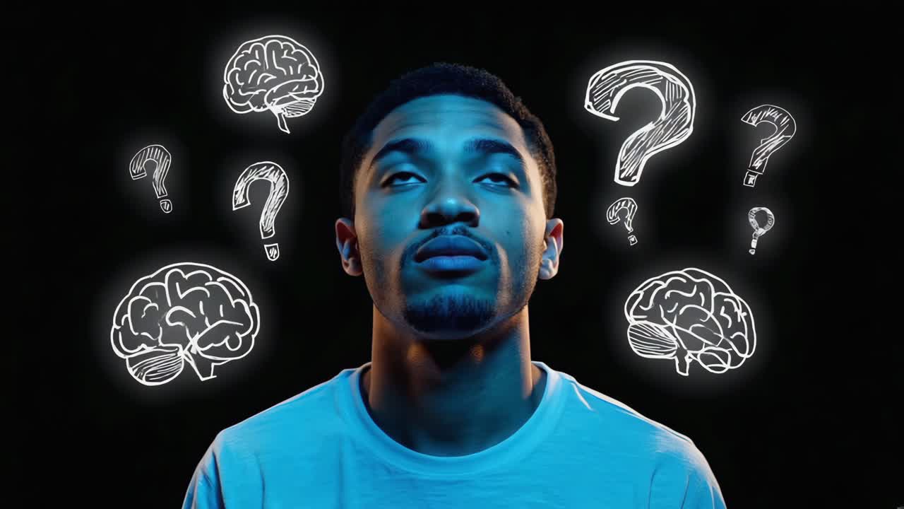Man surrounded by question marks and brain icons, symbolizing thinking and questions