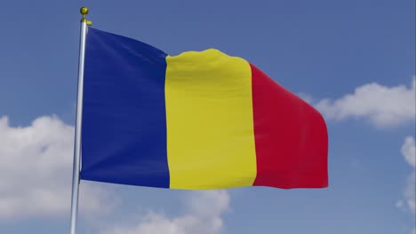 bandera de chad moviéndose en el viento con un cielo azul claro en el fondo, nubes moviéndose lentamente, asta de la bandera, cámara lenta