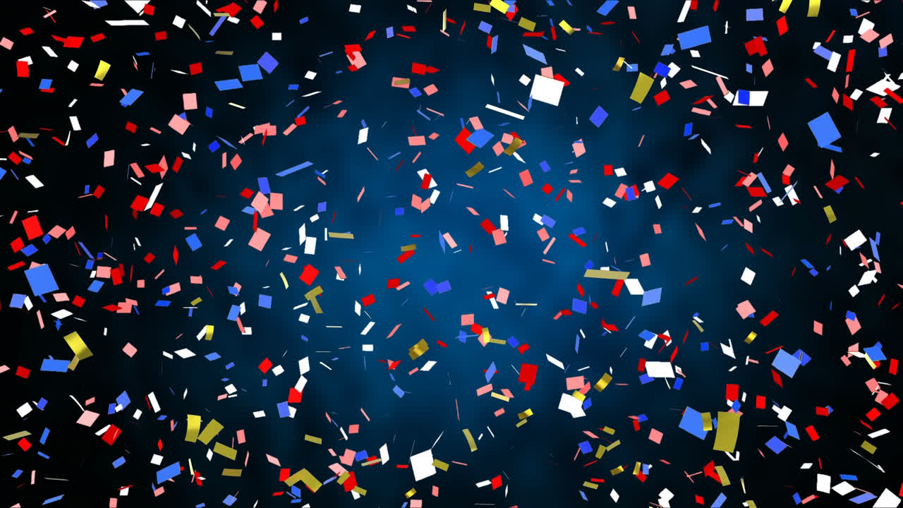 Animation of multi coloured confetti falling against blue background