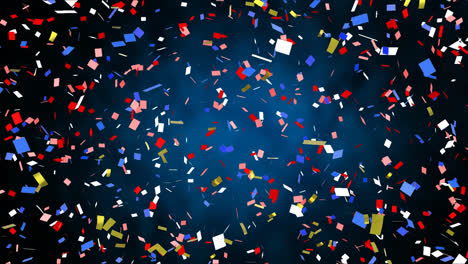 Animation-of-multi-coloured-confetti-falling-against-blue-background