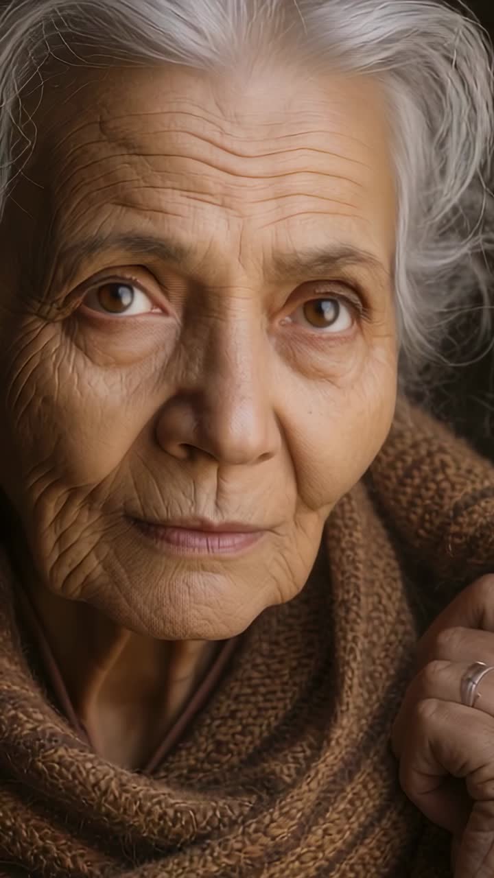 Vídeo vertical: Dibujo de una mujer mayor con luz izquierda, levantando la cabeza y abriendo los ojos en una habitación tenue con chal y anillo
