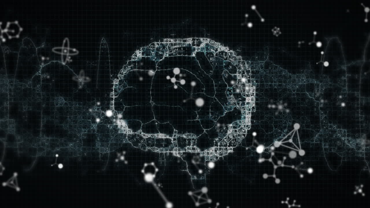 Animation of human brain and dna strand with molecules on black background