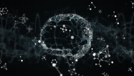 animación de cerebro humano y cadena de adn con moléculas en fondo negro