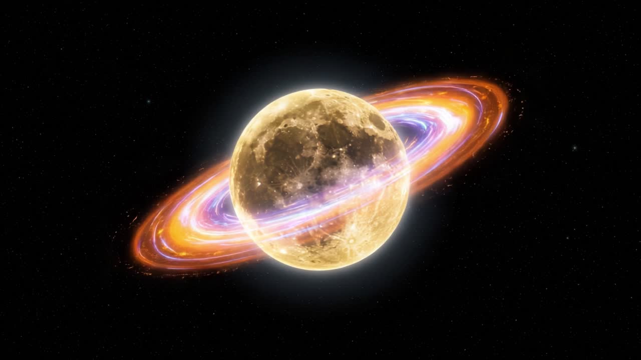 A Stunning Celestial Display Featuring a Majestic Full Moon Surrounded by Vibrant, Colorful Rings Against a Dark Cosmic Background