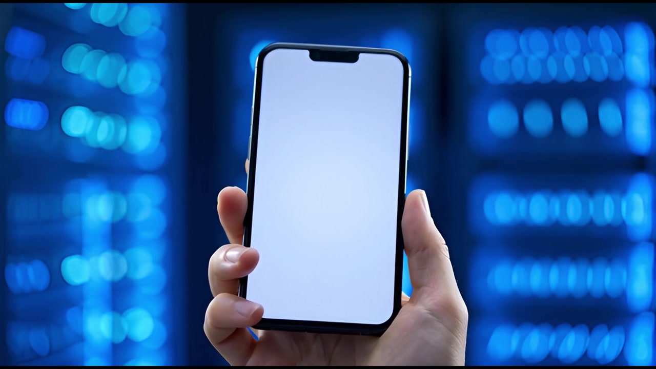 Mano con smartphone dallo schermo bianco vuoto in un data center