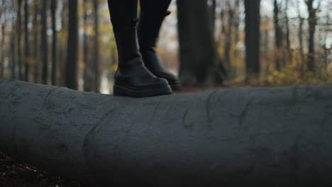 fall boots close-up a close-up of woman's boots while trying to keep balance on a log