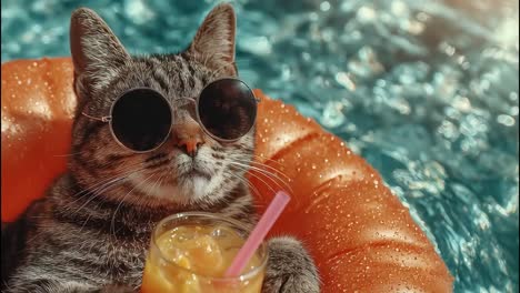 cool cat relaxing in pool with sunglasses and orange juice