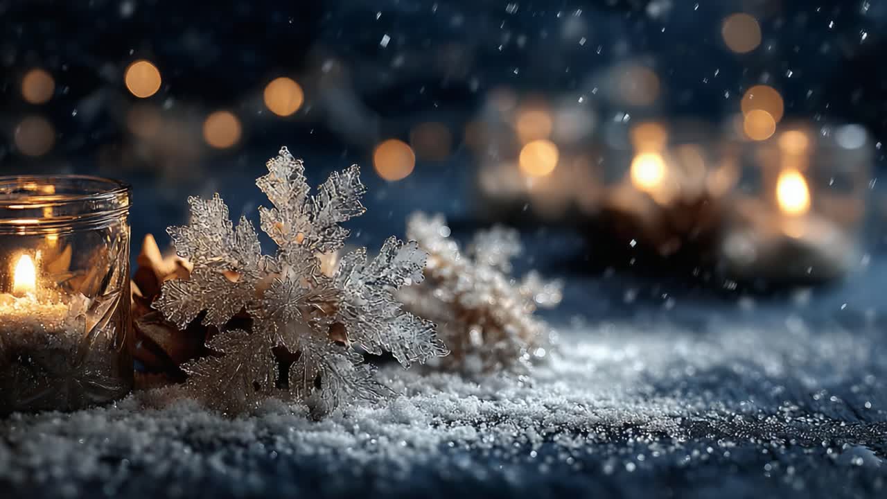 Incantevole scena invernale con fiocchi di neve, candele e luci bokeh soffuse, catturata in un'atmosfera accogliente per la gioia e il calore delle feste