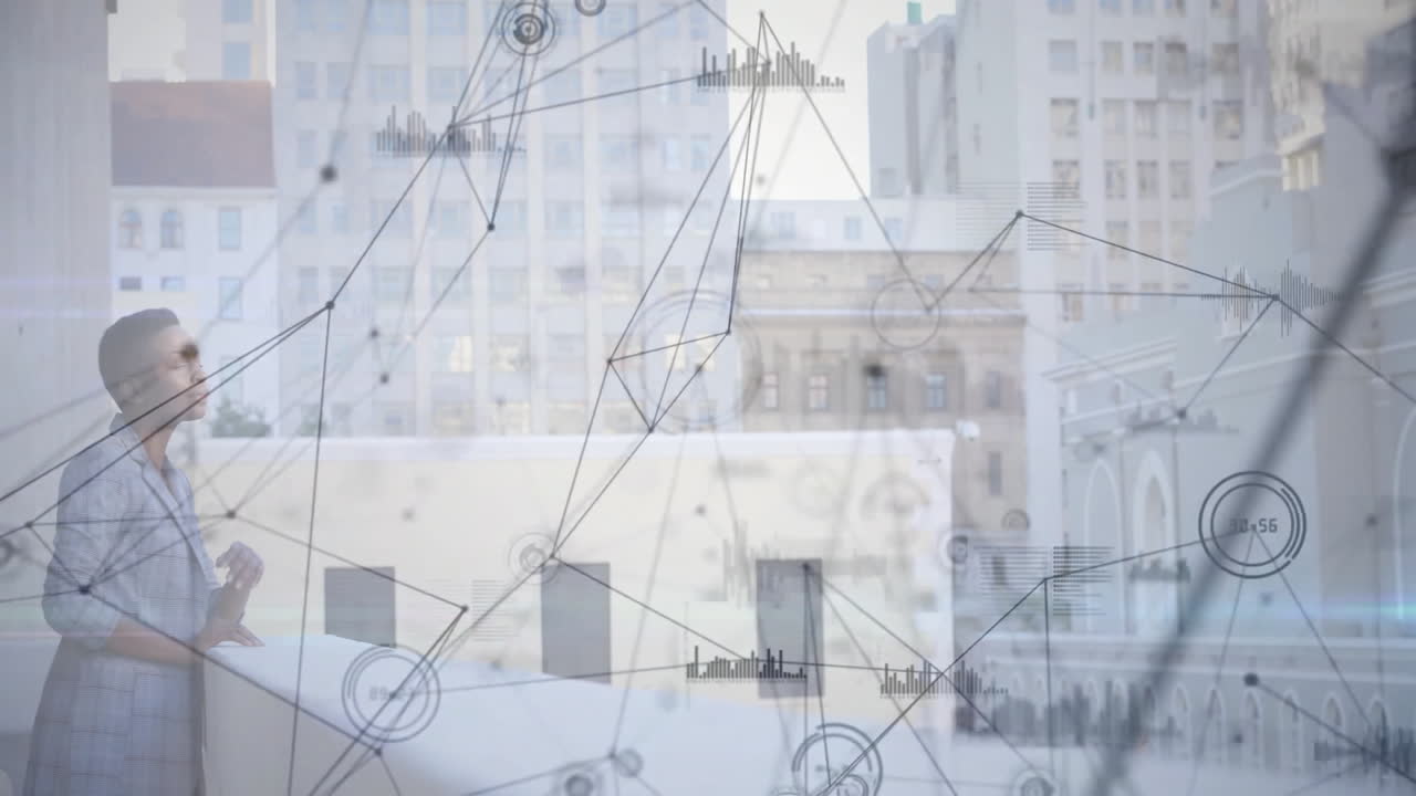 Businesswoman leaning on balcony, overlooking city skyline, showing floating technology data graphs