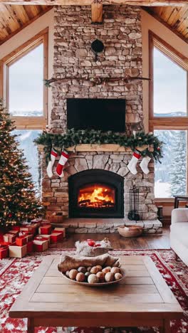 cozy christmas cabin living room with fireplace