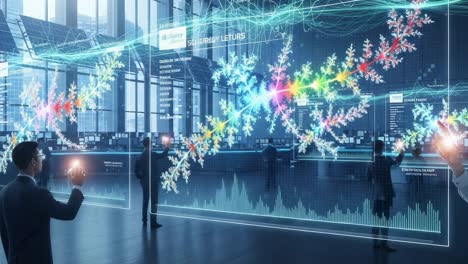 advanced data visualization and interaction in a modern office environment with dynamic charts, graphs, and people engaged in high-tech analysis and decision making