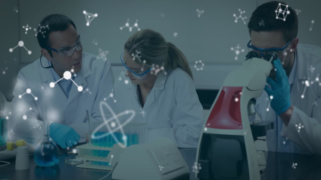 trabajar con microscopios y tubos de ensayo, animación de estructuras moleculares