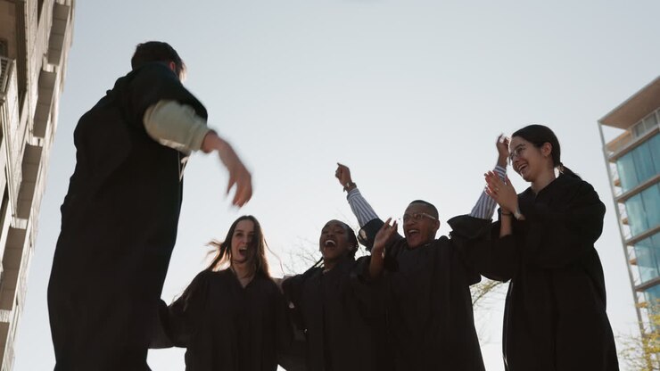 Tocco di laurea, gruppo e studenti che lanciano in aria