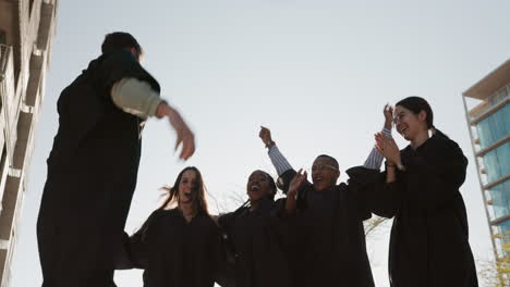 graduation cap, group and students throw in air