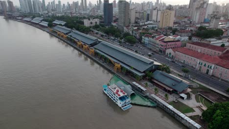 belem city waterfront location, riverboats dock, aerial sunset view