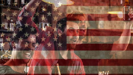 animation of flag of usa over caucasian male friends supporting