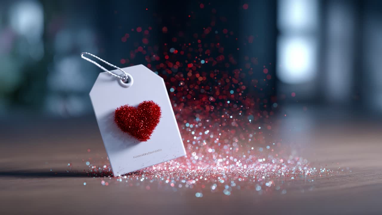 A Charming Heart Tag Sparkles with Red Glitter, Captured in an Enchanting Moment of Whimsy and Delight, Perfect for Celebrating Love and Affection