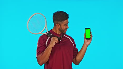 Phone,-tennis-and-man-with-green-screen-in-studio