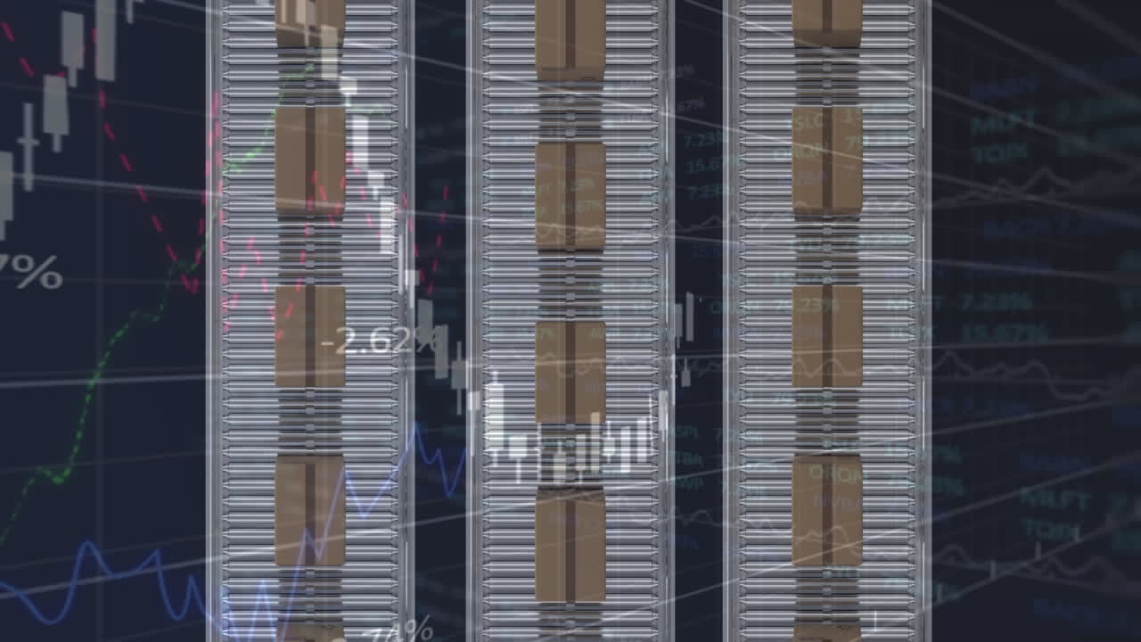 animación de estadísticas y procesamiento de datos sobre cajas de cartón en cintas transportadoras