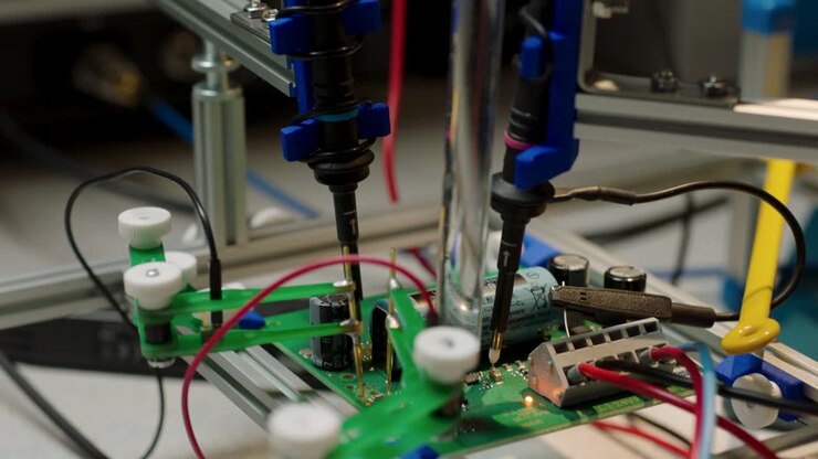 Close-up of a complex circuit board assembly setup within a mechanical framework