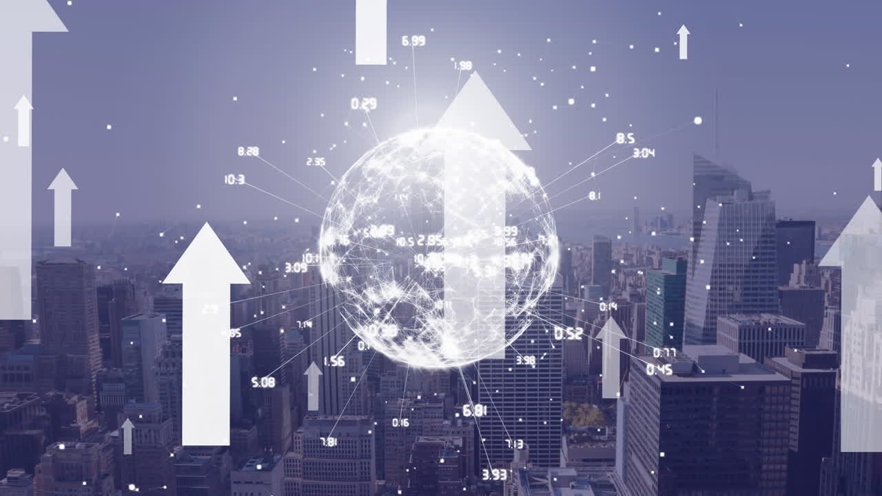 도시 풍경 배경 위에 연결 네트워크와 함께 위를 가리키는 화살표와 지구의 애니메이션