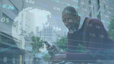 animation of stock market data processing over african american man with bicycle using smartphone