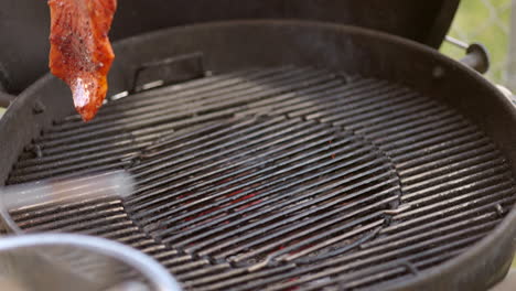 putting juicy and spiced salmon steaks on the barbecue to grill - slow motion