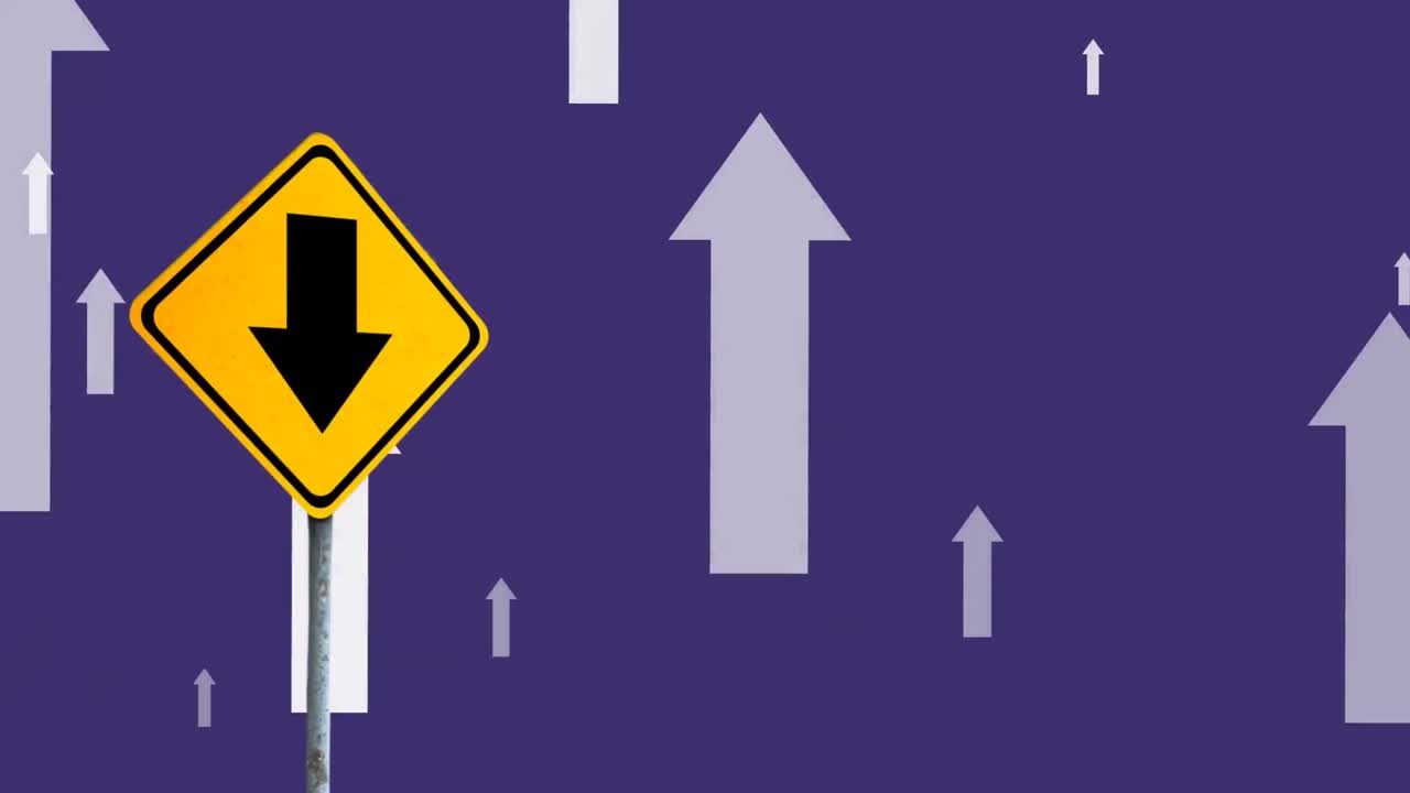 파란색 배경에 있는 도로 표지판과 화살표의 애니메이션