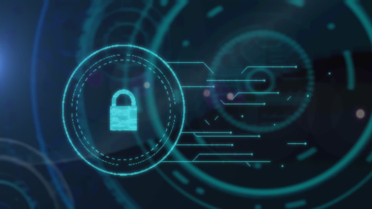 Animation of flickering online security padlock and scopes scanning