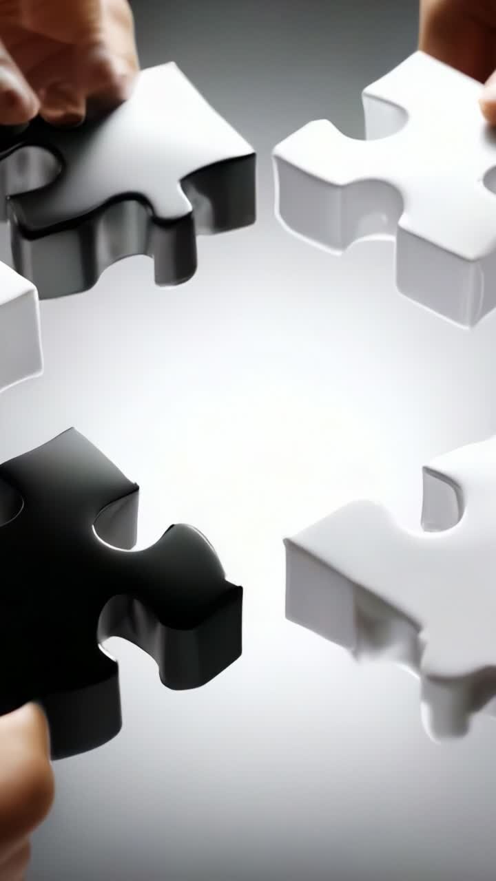 Two Hands Joining Black and White Puzzle Pieces on a Reflective Surface, Symbolizing Unity and Collaboration in Problem Solving and Teamwork Dynamics