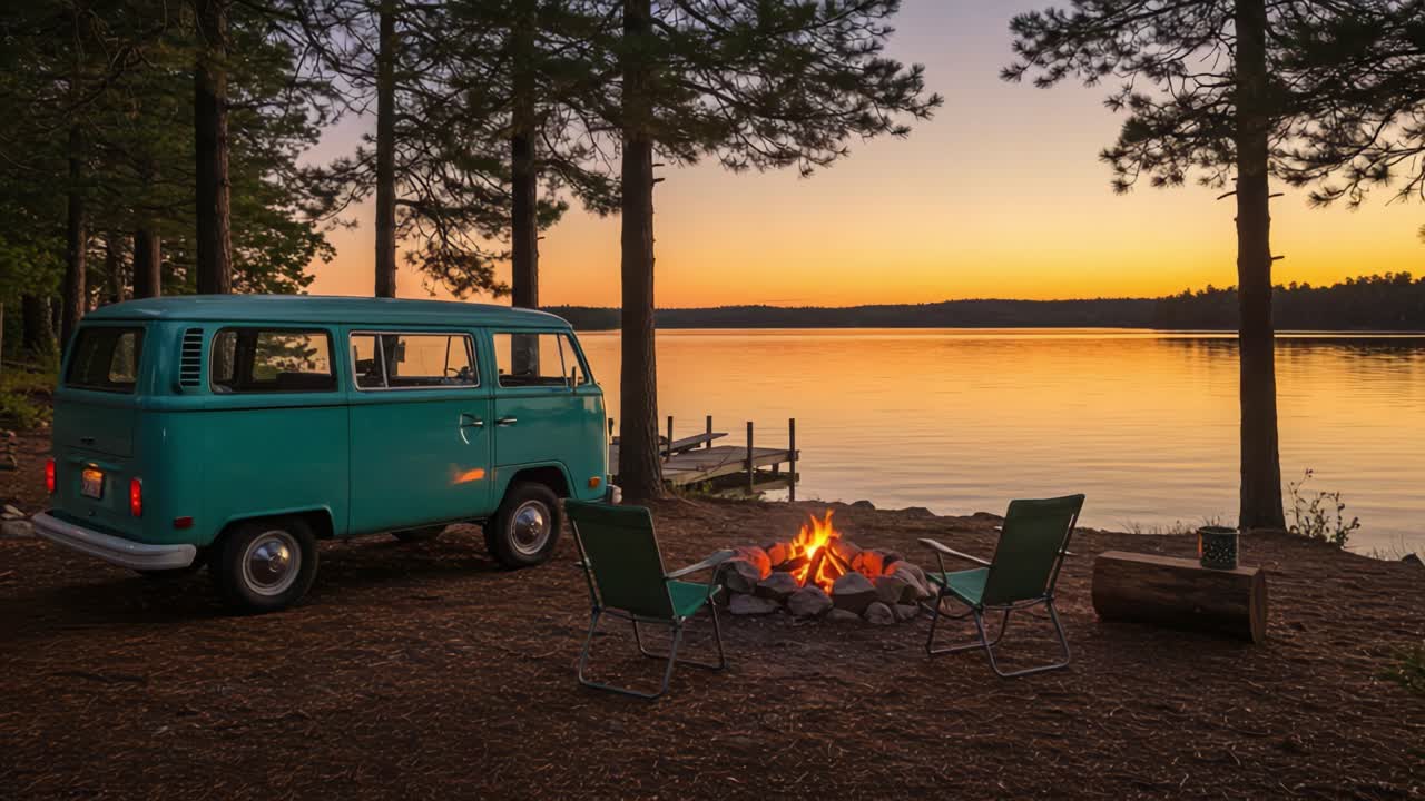Tranquil Evening by the Lake: A Vintage Van, Campfire, and Camp Chairs Create a Perfect Outdoor Retreat Amidst Nature's Serenity at Dusk
