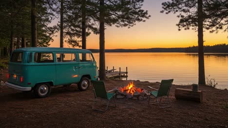 tranquil evening by the lake: a vintage van, campfire, and camp chairs create a perfect outdoor retreat amidst nature's serenity at dusk
