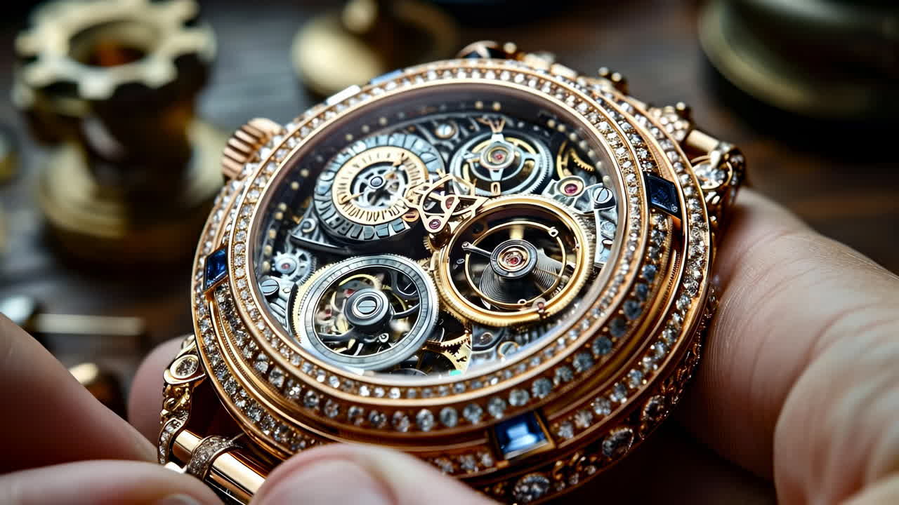 Intricate watch mechanics shown. A person displays a detailed watch, revealing its stunning mechanics and craftsmanship