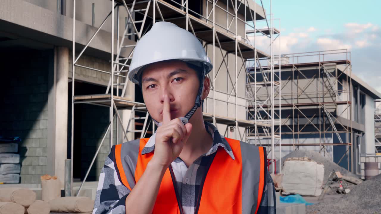 Close Up Of Asian Male Engineer With Safety Helmet Making Shh Gesture While Standing At Building & Construction Site in Progress to New House