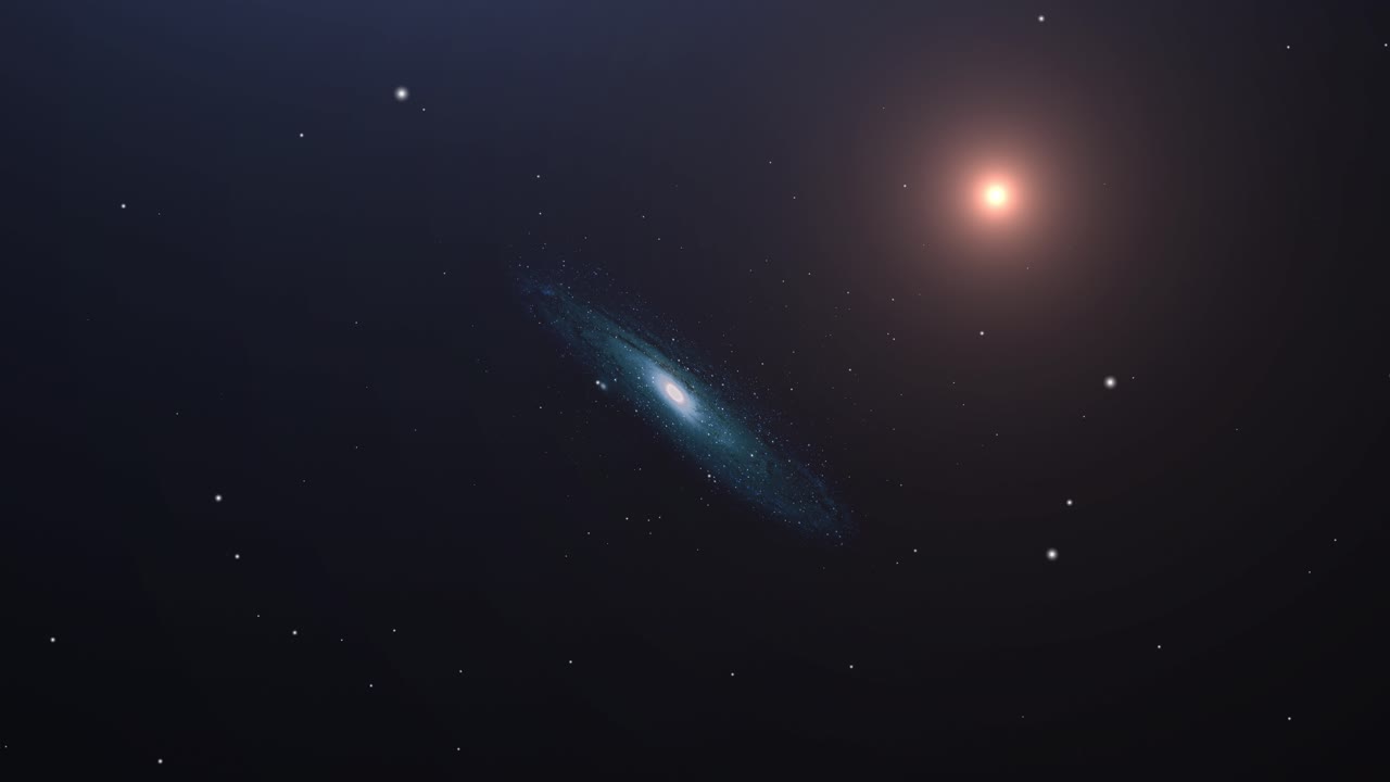 una pequeña galaxia y una estrella brillante flotando en el universo
