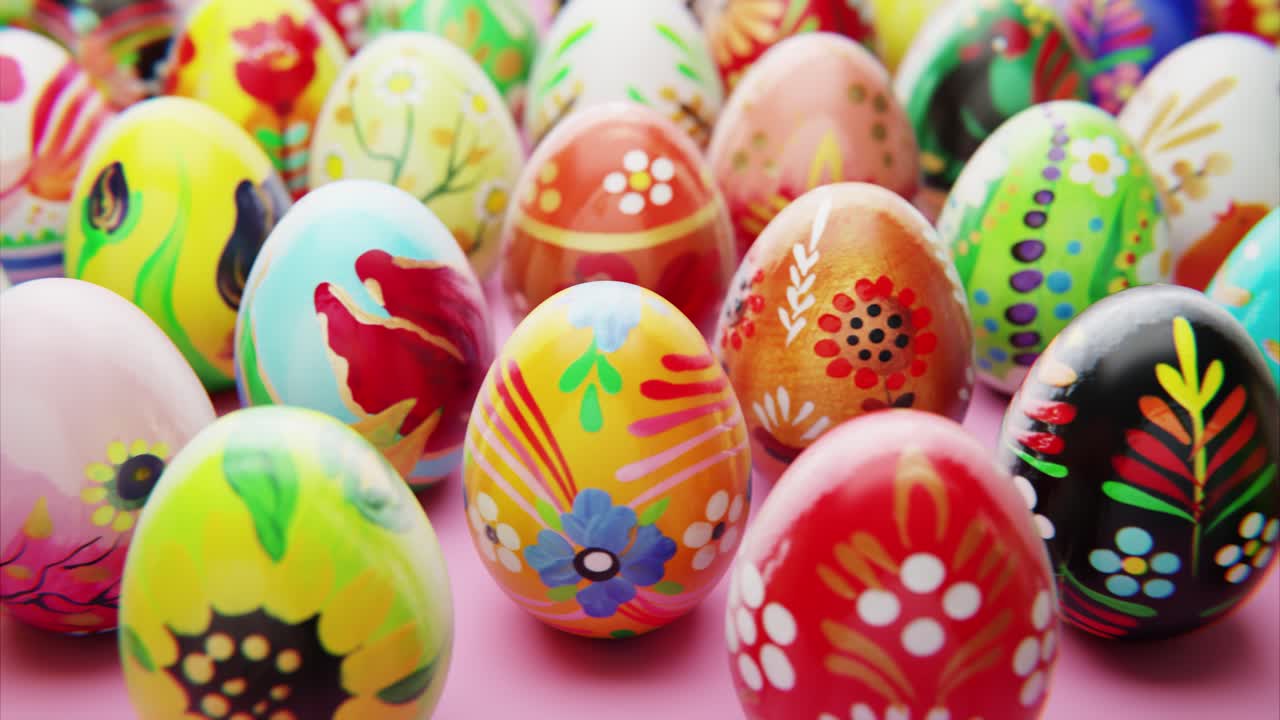 Close-Up of Beautifully Decorated Easter Eggs on Pink Surface