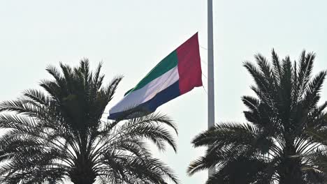 a bandeira dos emirados árabes unidos está a meio mastro sobre a ilha da bandeira em sharjah