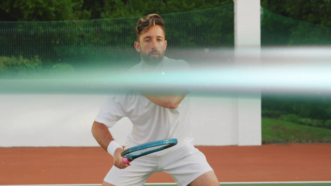 Tennis player swinging racket behind net while animated performance graphs floating above court