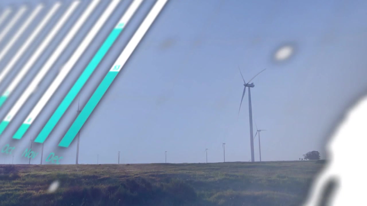 Sovrapposizione di turbine eoliche con analisi animate su un cielo di crinale, che mostra un grafico a barre verde acqua, a torta e un globo.
