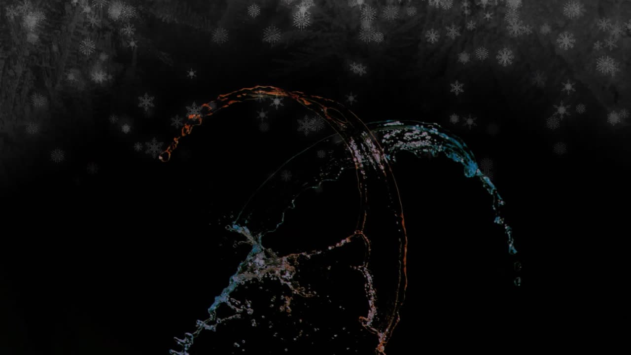 Falling snowflakes initiating orange and teal arcs rising and crossing forming vivid intersection
