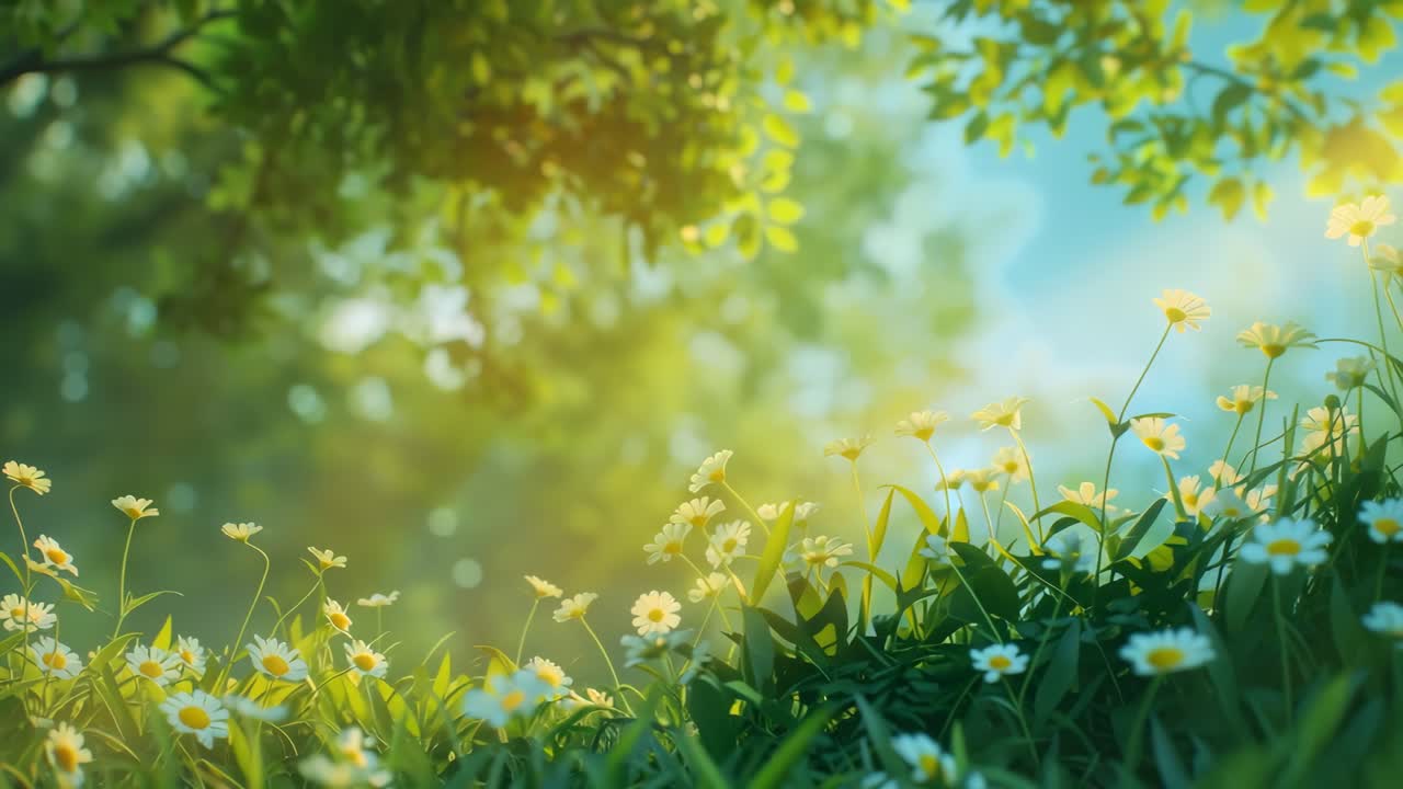 A serene, low-angle video scene of daisies in a sunlit meadow, capturing the tranquil beauty