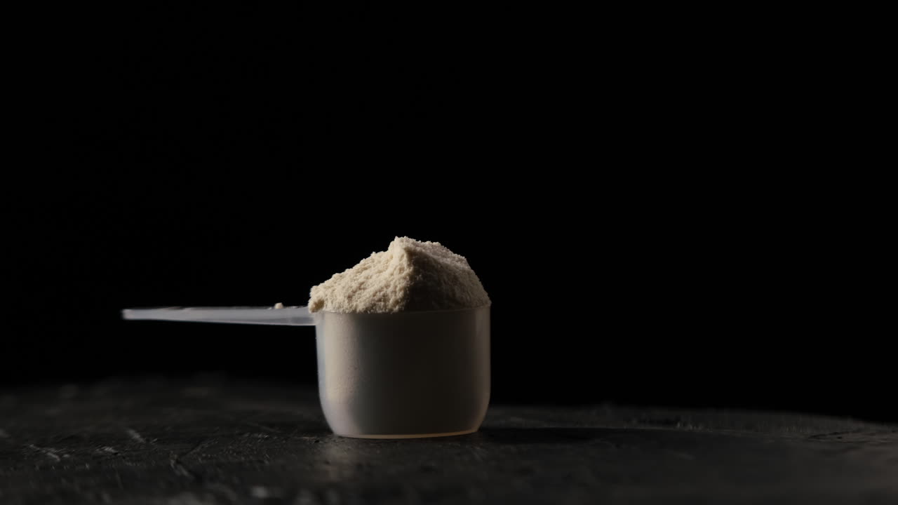 Protein powder in scoop, close up