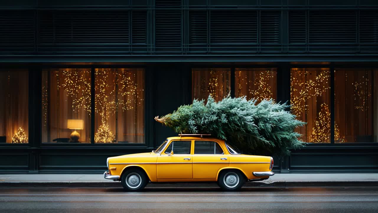 A vibrant yellow car driving through a festive urban street, adorned with a large evergreen tree on its roof, showcasing the spirit of holiday celebrations and the joy of decorating for the season