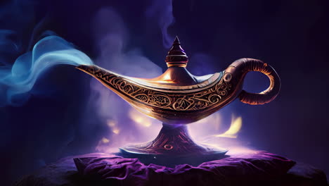 loop genies magic lamp emitting blue smoke standing on a red pillow