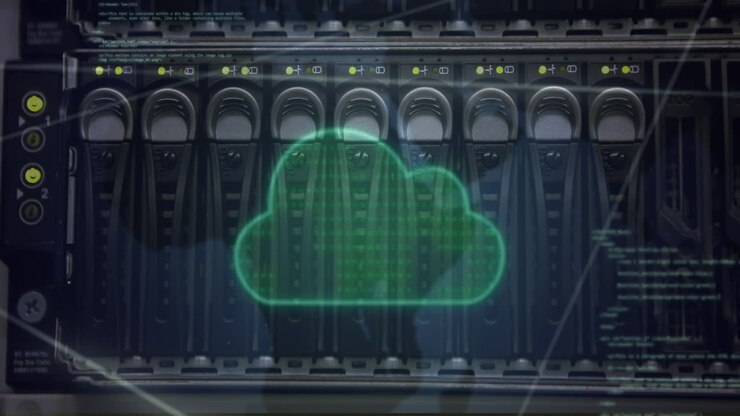 Animation of cloud, network of connections and data processing over computer server