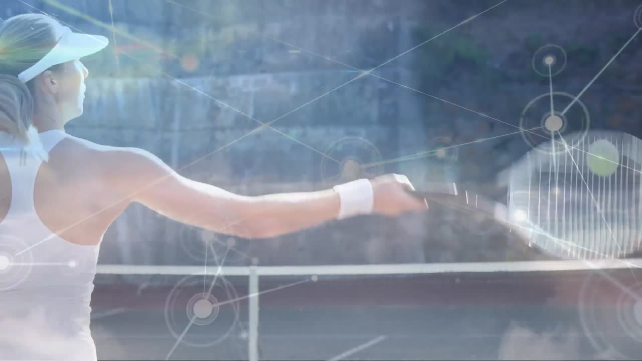 테니스 코트에서 여성 테니스 선수에 대한 연결 네트워크의 애니메이션