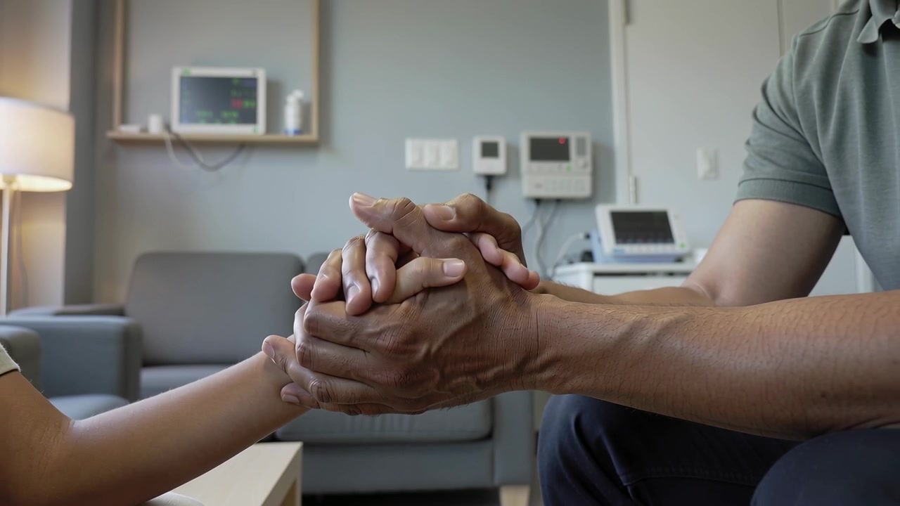 Padre con polo verde che intreccia le mani con un bambino in clinica, offrendo conforto vicino ai monitor