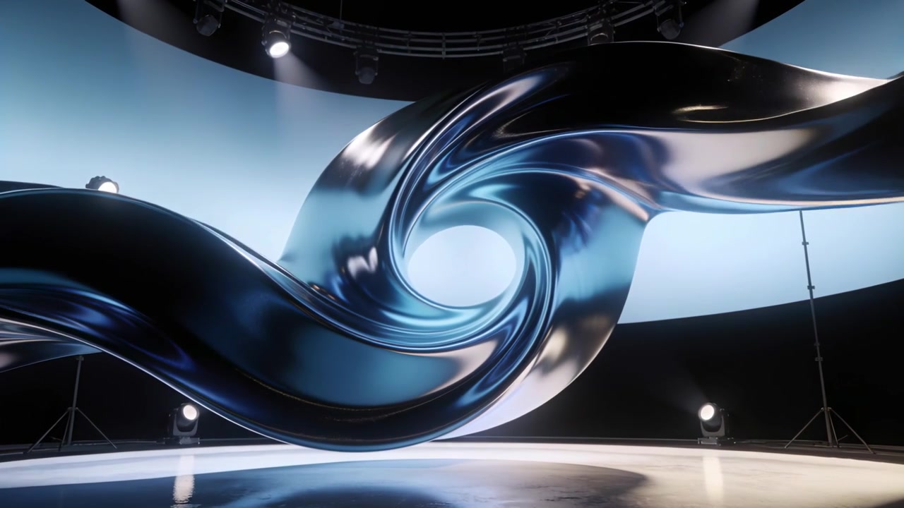 Twisting ribbon reacting to lighting cue, forming vortex on studio stage, with glow for light show