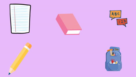animación de iconos de artículos escolares que se mueven con espacio de copia en fondo púrpura