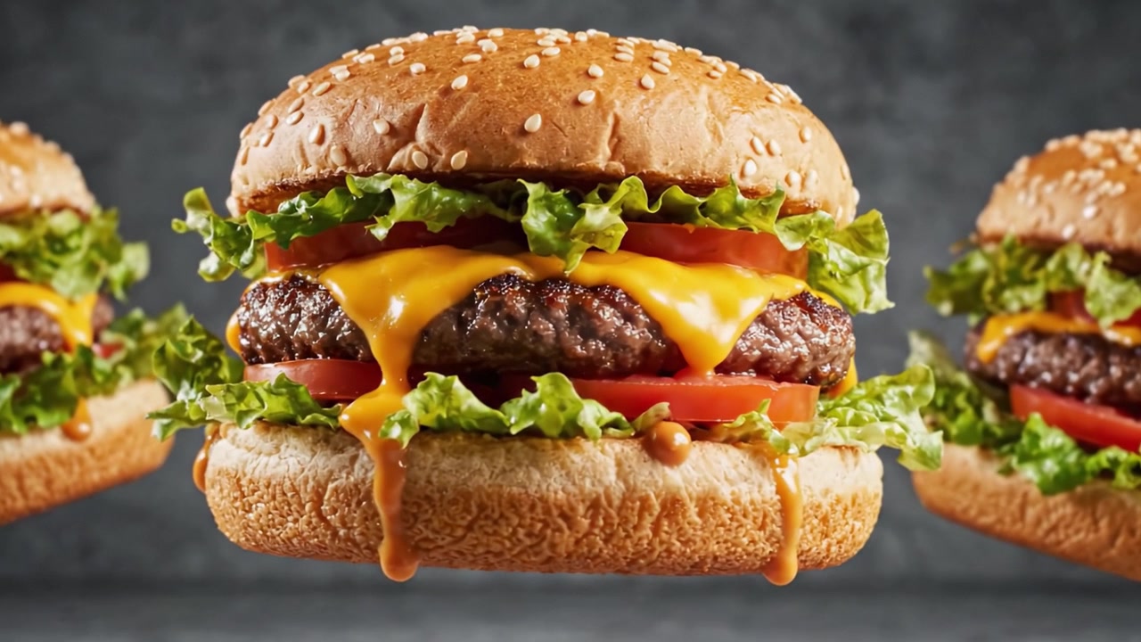 Hamburger Gourmet Deliziosamente Succulenti con Formaggio Fuso, Lattuga Fresca e Pomodori Maturi, Catturati in Tre Splendide Inquadrature di Perfezione Culinaria